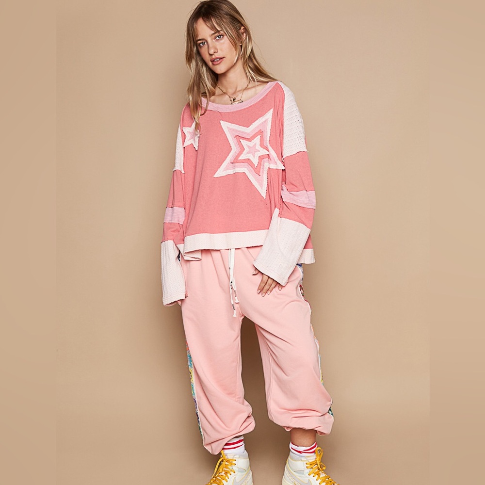 POL star sweater patchwork boho floral patchwork long sleeve pink cream - Picture 5 of 5